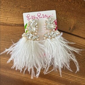 Lilly Pulitzer Festive White Feather Gold Sparkly Statement Earrings 4”
